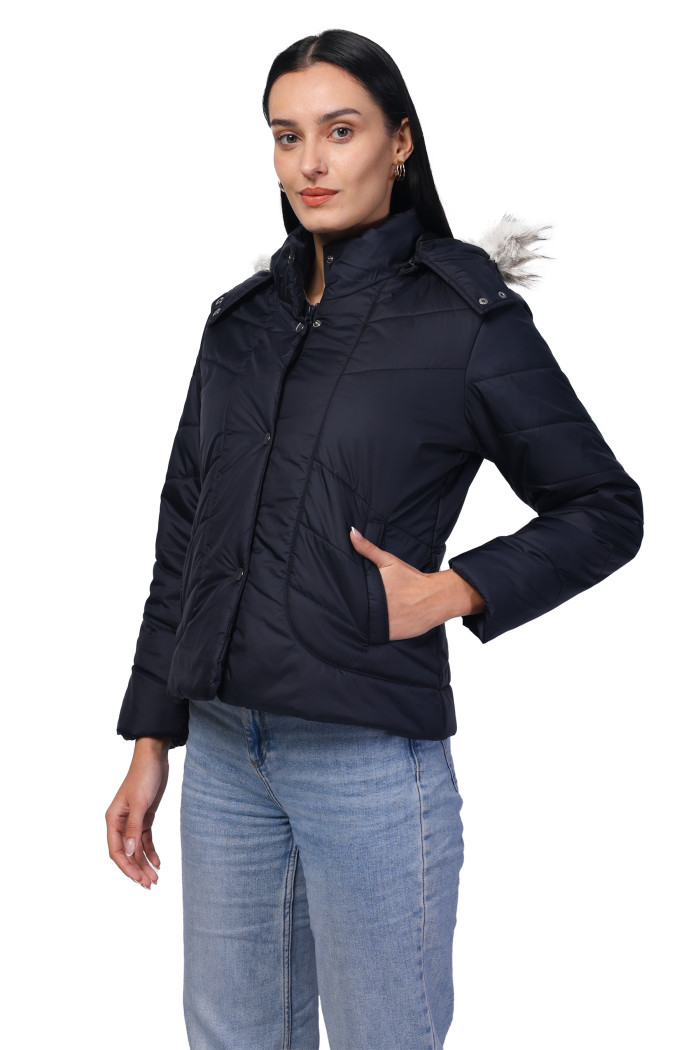 A model showcasing Women Quilted Jacket In Polyester Fabric With Removable Hood thumbnail.
